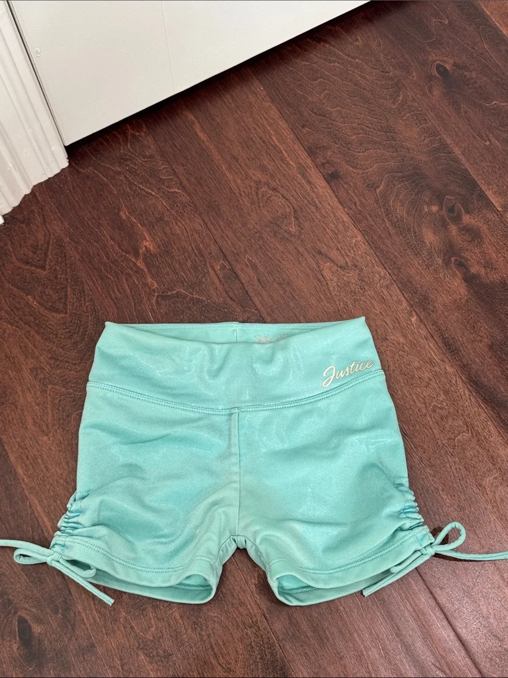 Justice Girls Dance Shorts Shimmery Aqua Blue Green Ruched Sides, size XS 5/6